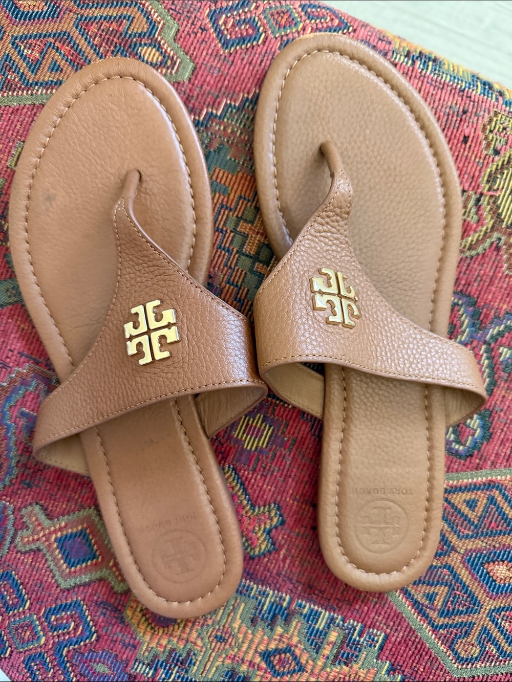 Tory Burch Tan Leather Logo Thong Sandals